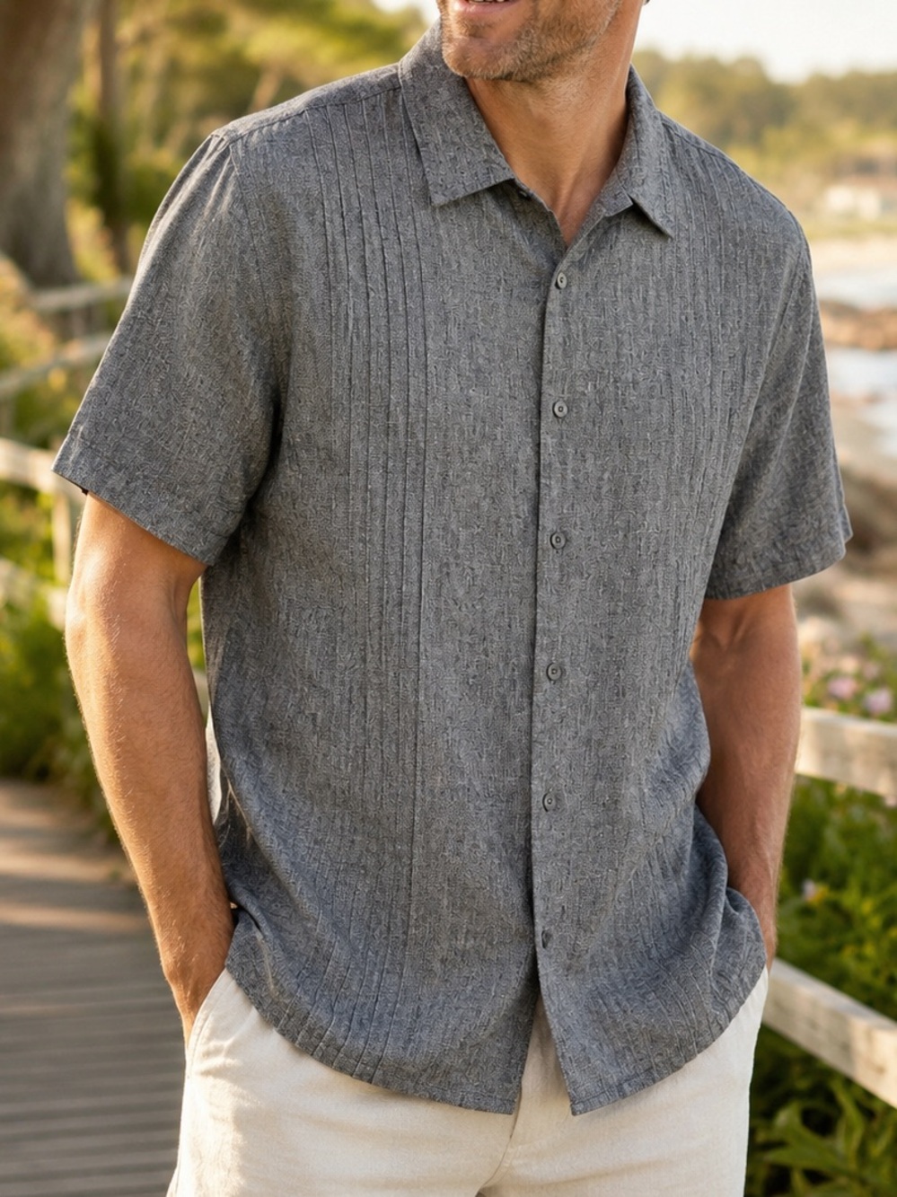 Claiborne Men’s Linen Cotton XL Short Sleeve Button Up Shirt Grey Lightweight